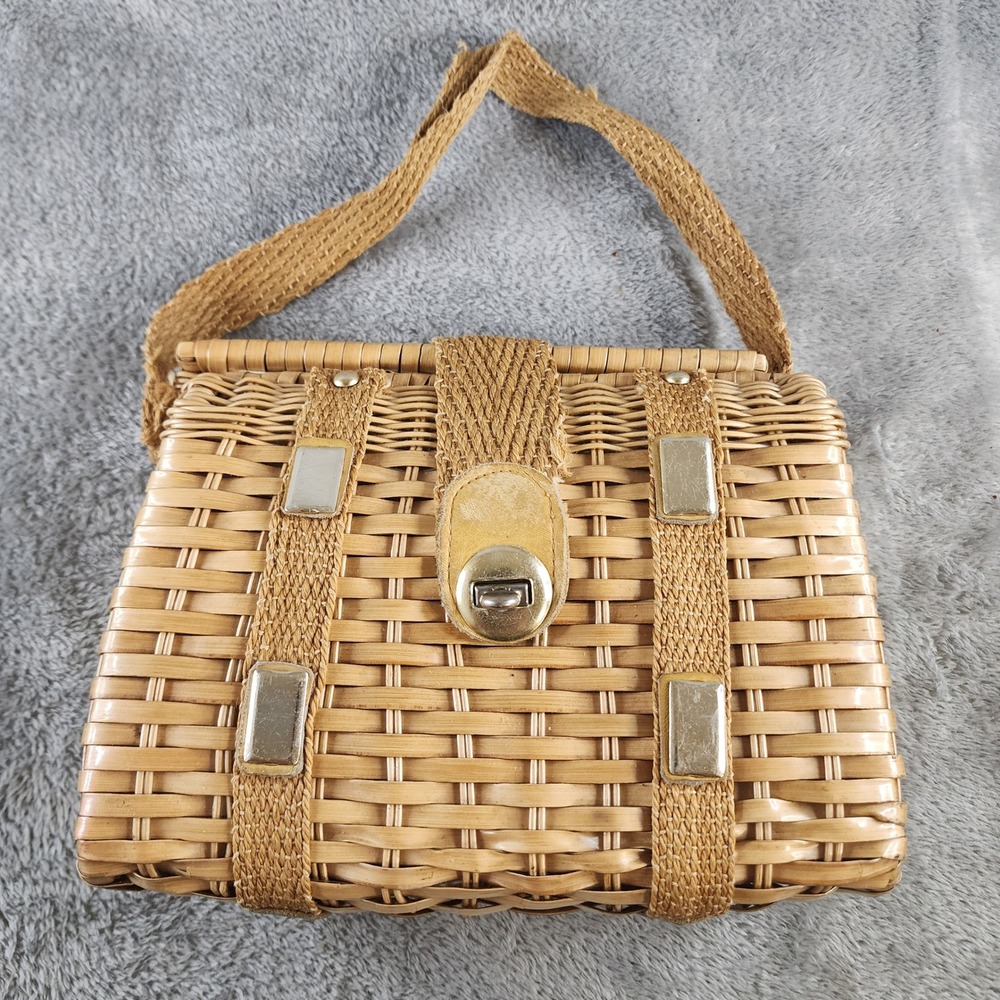 Vintage Bonnie International Wicker Box Handbag Tan Woven Purse Gold Hardware - Picture 4 of 10